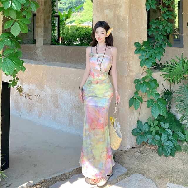 JIYON-Spaghetti Strap Tie Dye Maxi Bodycon Dress