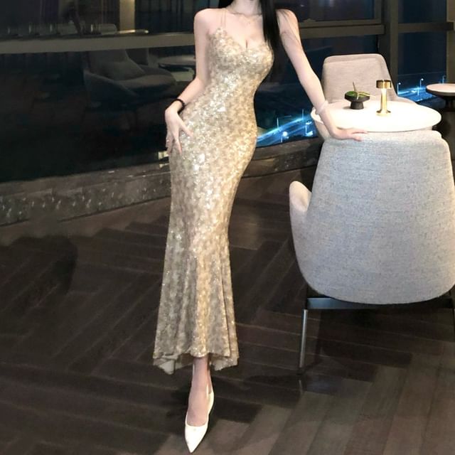 JIYON-Spaghetti Strap V-Neck Glitter Mermaid Evening Gown
