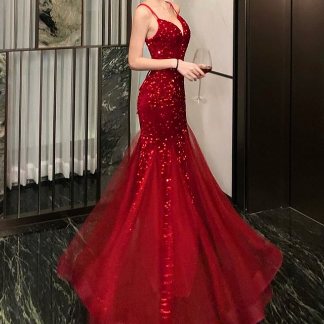 JIYON-Spaghetti Strap V-Neck Glitter Mermaid Evening Gown