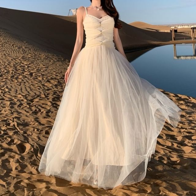 JIYON-Spaghetti Strap V-Neck Plain Lace A-Line Evening Gown