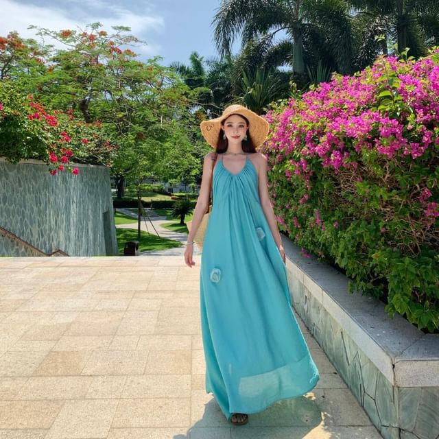 JIYON-Spaghetti Strap V-Neck Plain Maxi A-Line Dress