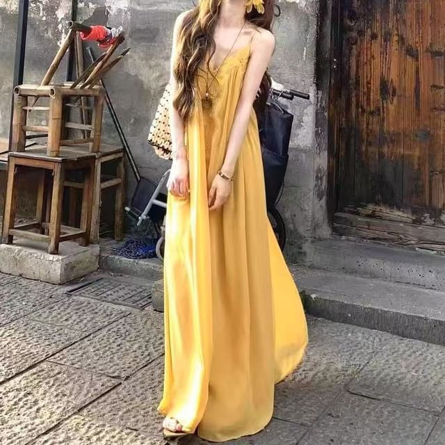 JIYON-Spaghetti Strap V-Neck Plain Maxi A-Line Dress