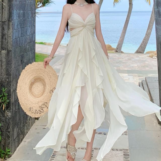 JIYON-Spaghetti Strap V-Neck Plain Ruffle Trim Cutout Slit Maxi A-Line Dress