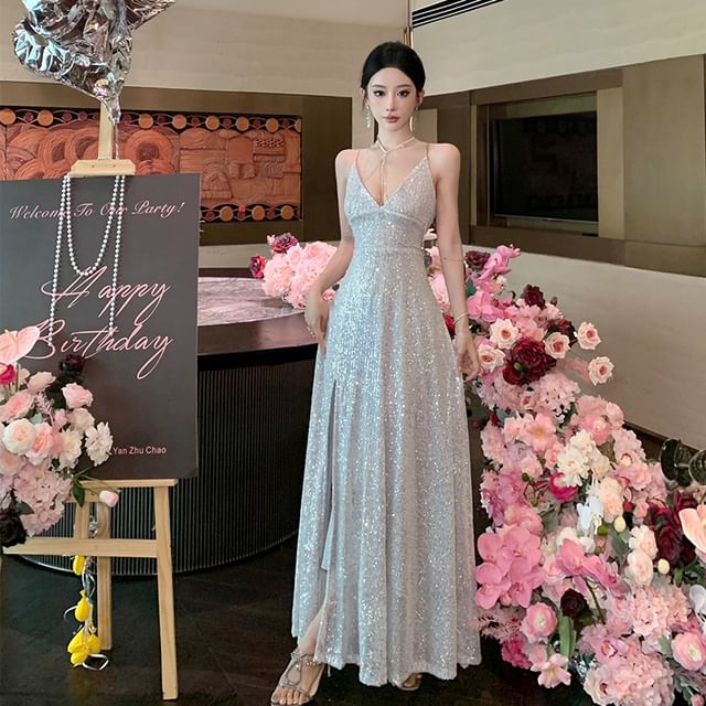 JIYON-Spaghetti Strap V-Neck Plain Sequin Slit A-Line Evening Dress