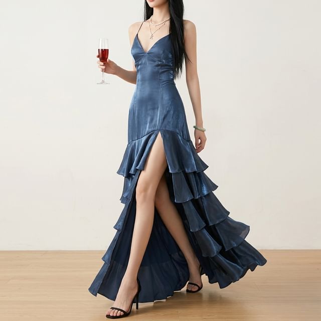 JIYON-Spaghetti Strap V-Neck Plain Tiered Slit A-Line Evening Gown