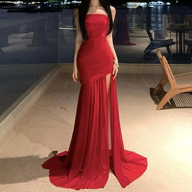 JIYON-Strapless Asymmetrical Plain Trained Mermaid Evening Gown