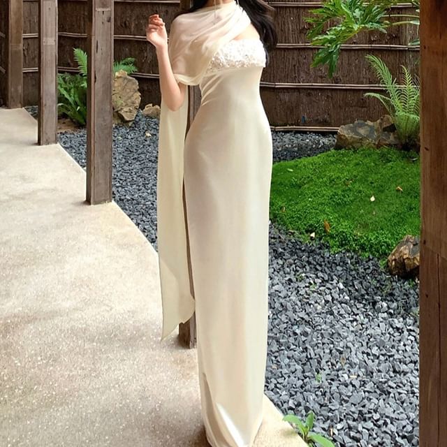 JIYON-Strapless Lace Panel Plain Maxi Sheath Dress