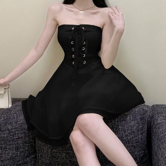 JIYON-Strapless Lace-Up Plain Mini A-Line Dress