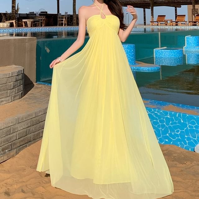 JIYON-Strapless Plain Maxi A-Line Dress