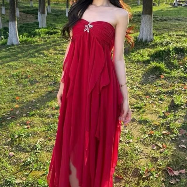 JIYON-Strapless Plain Ruched Slit Maxi A-Line Dress