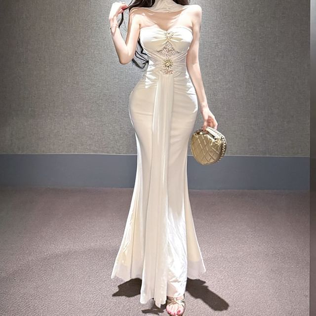 JIYON-Strapless Rhinestone Detail Sheath Evening Gown