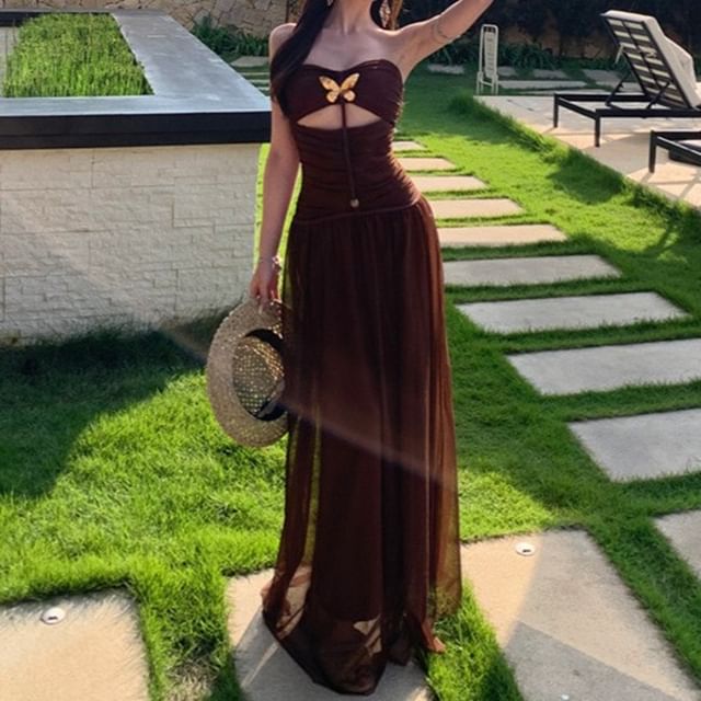 JIYON-Strapless Ruched Buckled Maxi A-Line Dress