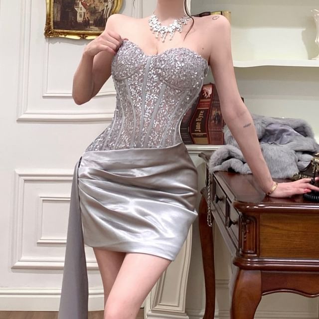 JIYON-Strapless Sequin Panel Ruched Satin Mini Bodycon Dress