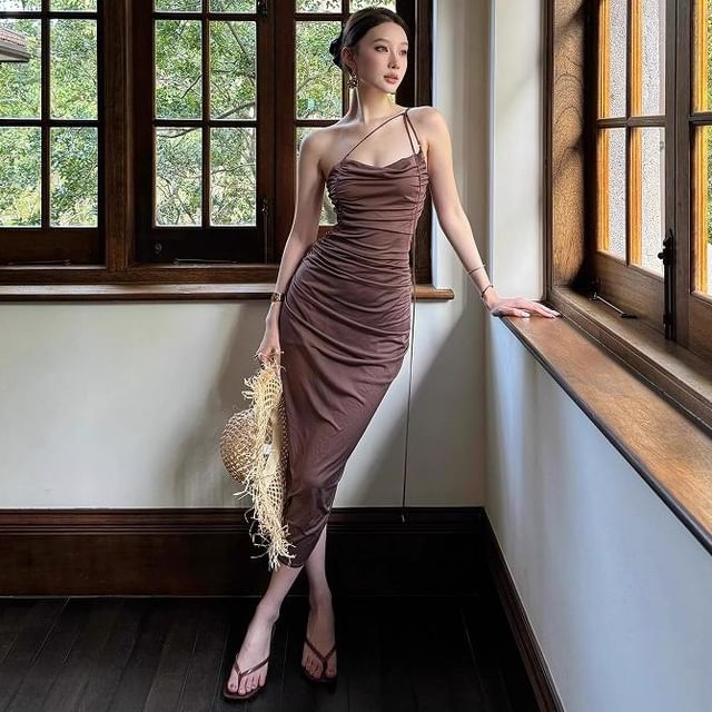 JIYON-Strappy Cimched Plain Midi Bodycon Dress
