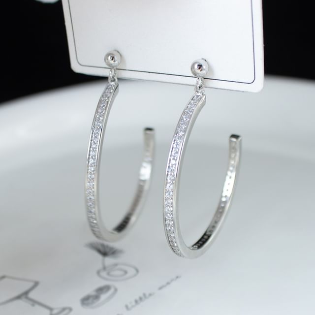 Joodii-Rhinestone Open Hoop Drop Earring Clip On Earring