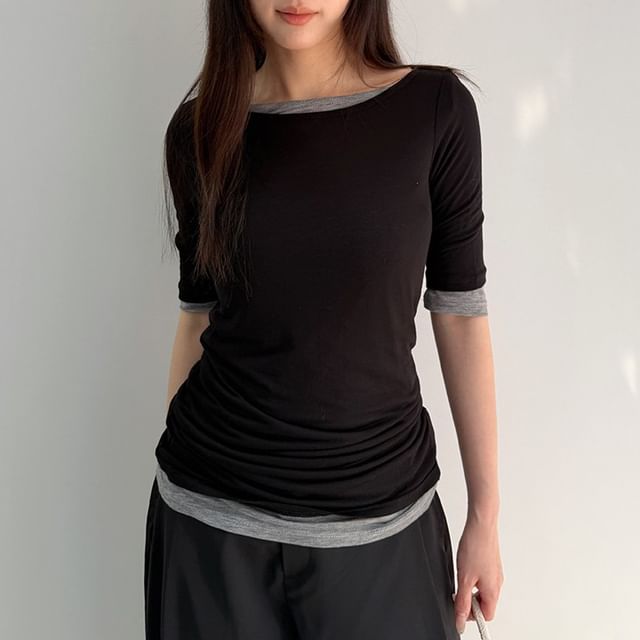 Joyciful-Elbow-Sleeve Boat Neck Plain T-Shirt