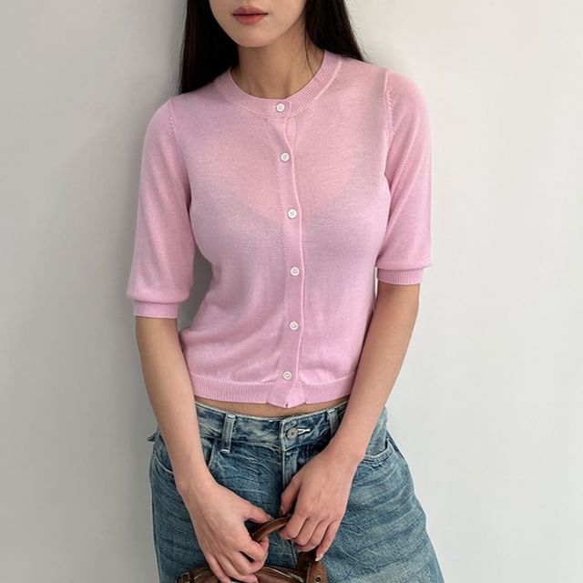 Joyciful-Elbow-Sleeve Crew Neck Button-Up Plain Crop Cardigan