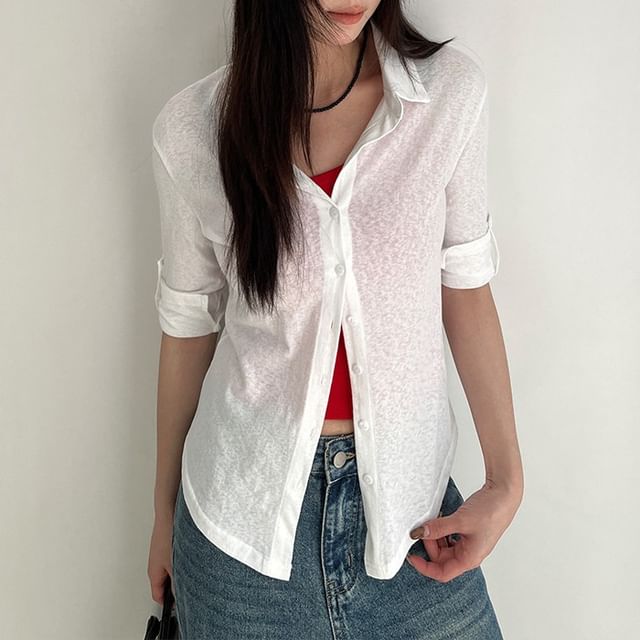 Joyciful-Elbow-Sleeve Plain Shirt