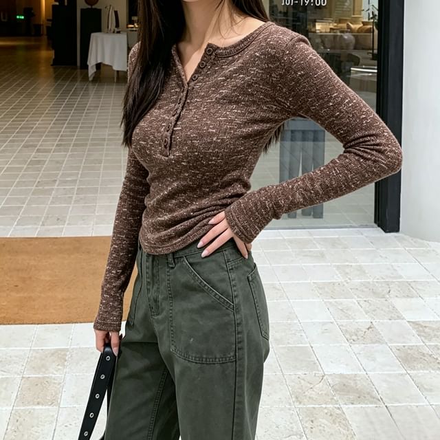 Joyciful-F - Long Sleeve Henley Melange Top