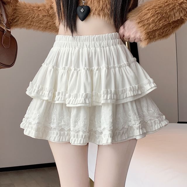Joyciful-High Rise Lace Mini Tiered Skirt