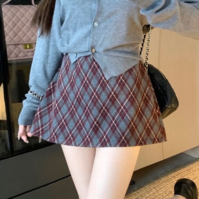 Joyciful-High Rise Plaid Mini A-Line Skirt