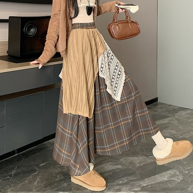 Joyciful-High Waist Plaid Patchwork Lace Panel Maxi A-Line Skirt