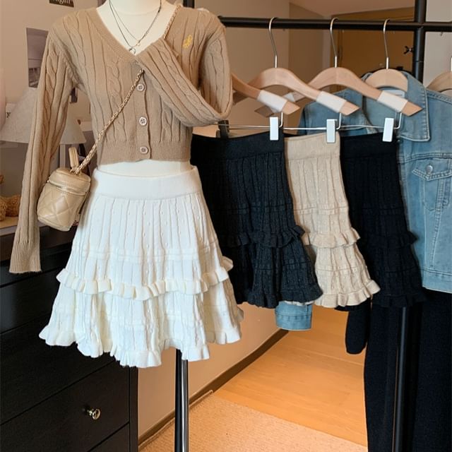 Joyciful-High Waist Plain Knit Mini Skirt
