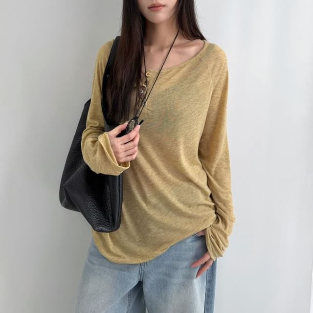Joyciful-Long-Sleeve Boat Neck Plain Sheer T-Shirt