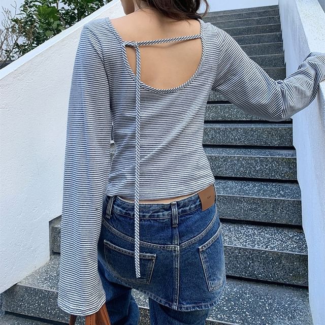 Joyciful-Long Sleeve Boat Neck Striped Backless Top