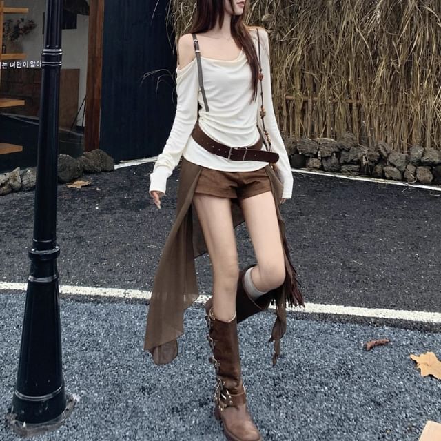 Joyciful-Long-Sleeve Cold Shoulder Plain Tee Thick Belt Mid Rise Plain Shorts Set