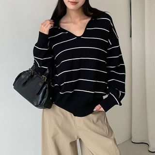 Joyciful-Long Sleeve Collared V-Neck Striped Knit Top