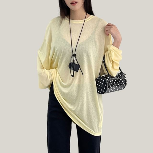 Joyciful-Long-Sleeve Crew Neck Plain Sheer Oversized T-Shirt