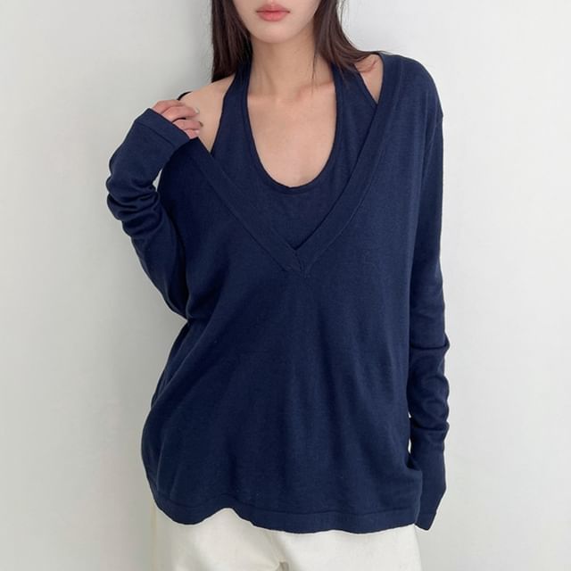 Joyciful-Long Sleeve Halter Plain Mock Two Piece Knit Top