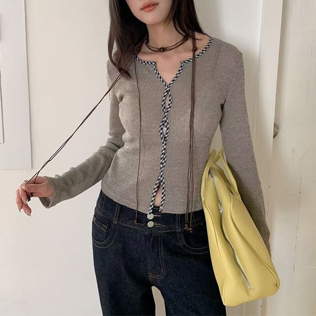 Joyciful-Long Sleeve Notch Neck Plaid Trim Slit Top