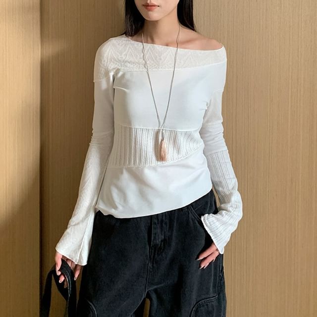 Joyciful-Long Sleeve One Shoulder Plain Panel Knit Top