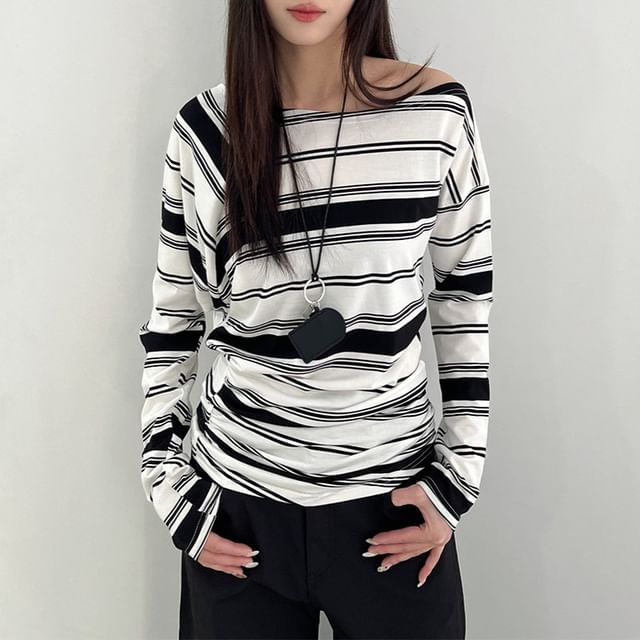 Joyciful-Long Sleeve One Shoulder Striped Ruched Top