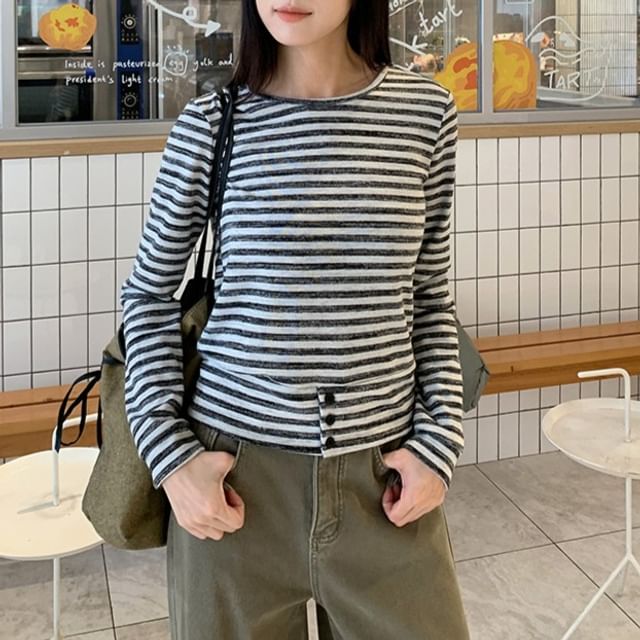 Joyciful-Long Sleeve Round Neck Striped Button Knit Top