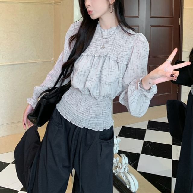 Joyciful-Long-Sleeve Ruffle Trim Blouse Drawstring Waist Plain Wide Leg Pants