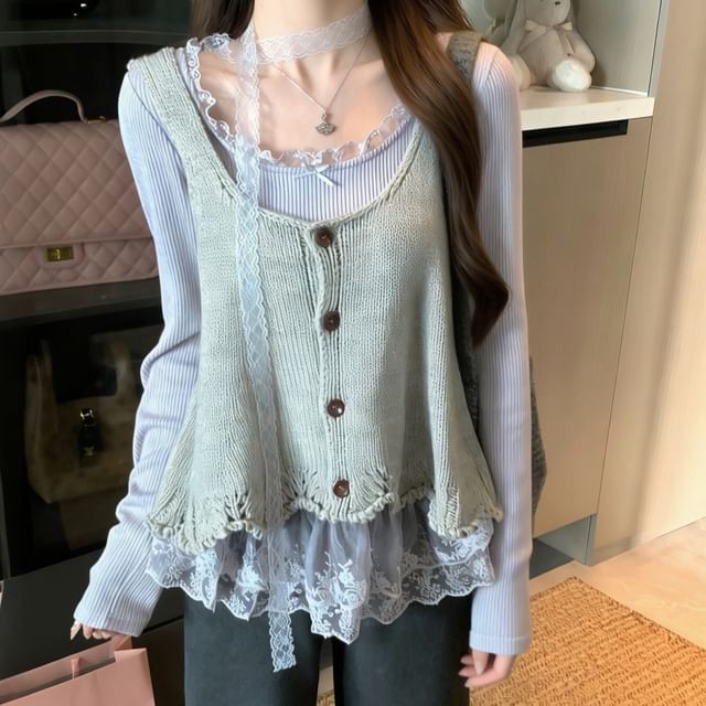 Joyciful-Long Sleeve Scoop Neck Plain Ruffle Panel Lace Top Plain Button Sweater Vest