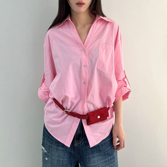 Joyciful-Long Sleeve V-Neck Collared Plain Shirt