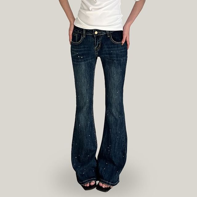Joyciful-Low Rise Paint Splatter Washed Flared Jeans