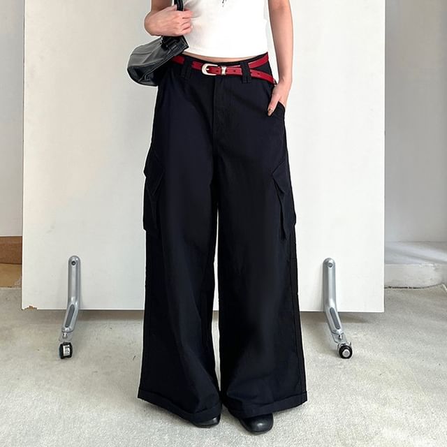 Joyciful-Low Rise Plain Wide Leg Cargo Pants