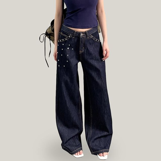 Joyciful-Low Rise Studded Washed Wide Leg Jeans