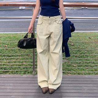 Joyciful-Low Rise Studded Wide Leg Jeans