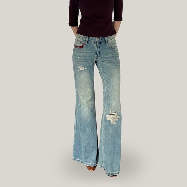 Joyciful-Low Rise Washed Distressed Flared Jeans