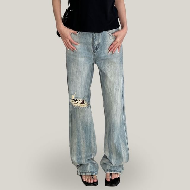 Joyciful-Low Rise Washed Distressed Loose Fit Jeans
