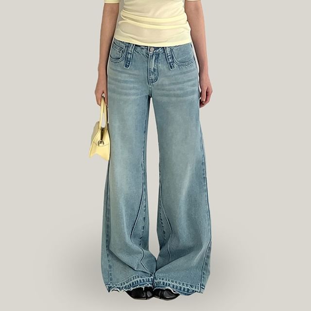 Joyciful-Low Rise Washed Fray Flared Jeans