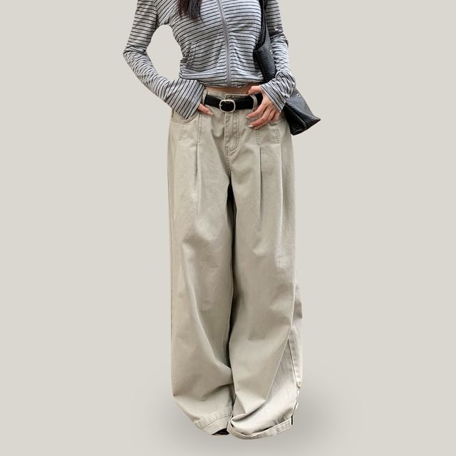 Joyciful-Low Waist Plain Wide Leg Jeans