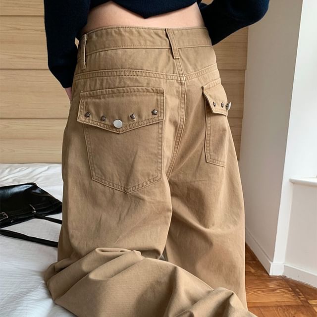 Joyciful-Mid Rise Plain Studded Wide Leg Jeans