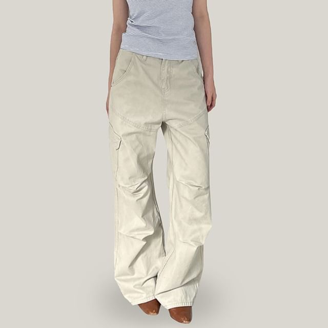 Joyciful-Mid Rise Plain Wide Leg Cargo Jeans